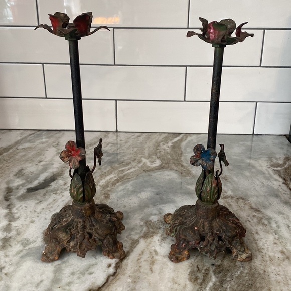 Vintage Pair Toleware Candleholders Hand Painted Metal Flowers - Cottagecore